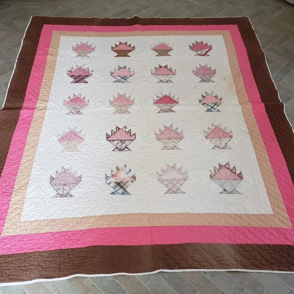 Antique 1860 -1880 Cake Stand Basket Quilt Hand Stitched Hand Piece Cotton 76x61